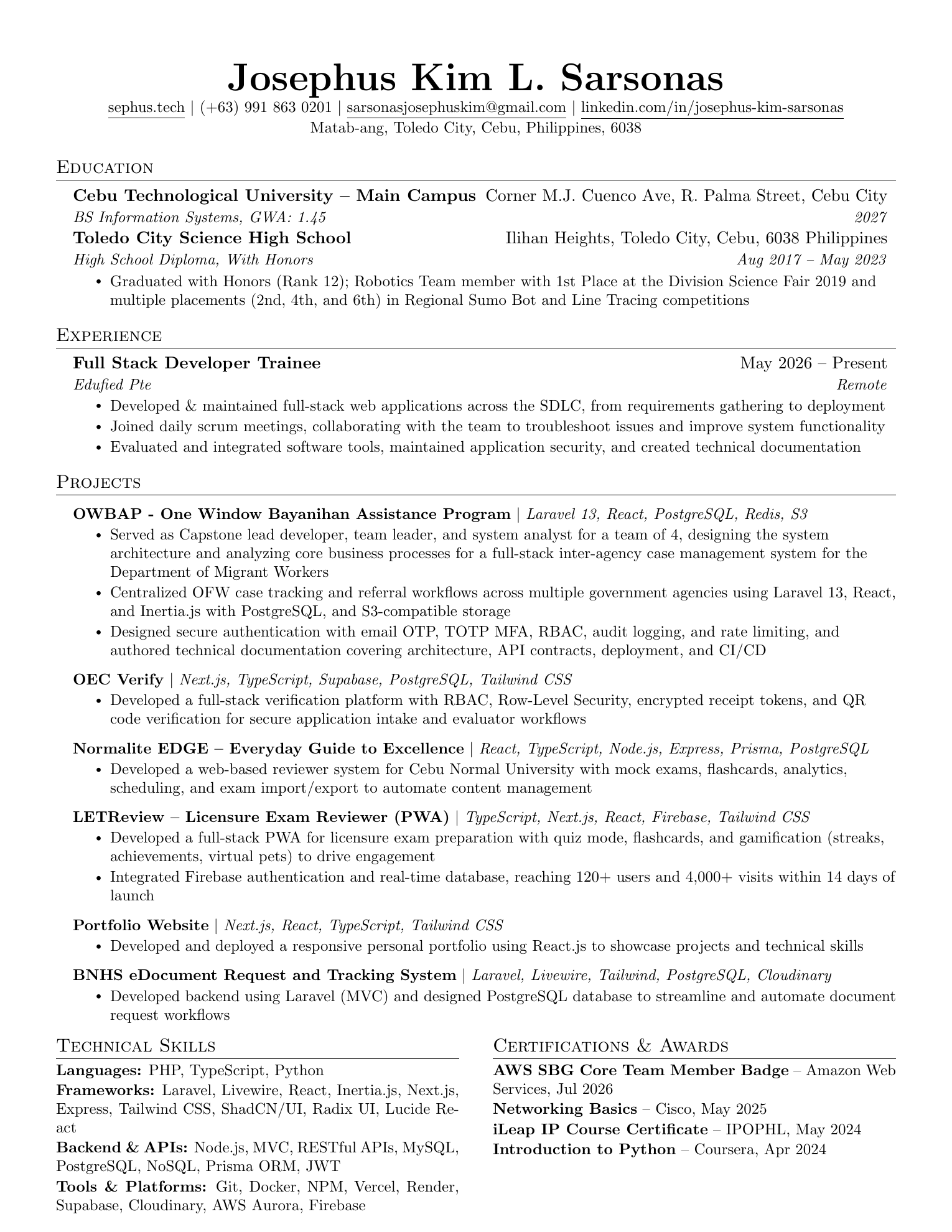 Preview of Josephus Kim L. Sarsonas's résumé and project portfolio